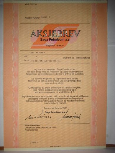 SAGA PETROLIUN,  4 aksjer, 1980, aksjebrev  nr 1016711