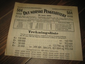 1967, DET NORSKE PENGELOTTERI, TREKNING 584, 10. mars 1967.