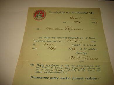  Varselseddel fra STOREBRAND, 1922.
