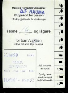 Rabattkort for person,  fra Møre og Romsdals Fylkesbåtar.                  RAUMA 12. FEB. 1990