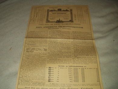 Strøkent sirkulere fra JOHN ANDERSENS OBLIGASJONSKONTOR med forklaring om Norske Præmieobligationer. 1898.