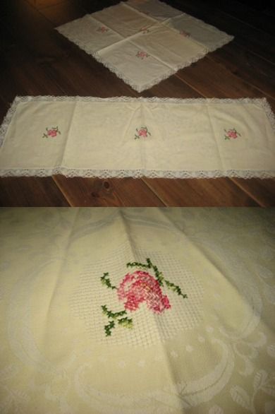 Heimebrodert kjøkkensett 2 deler ca 84*30 og 56*56 cm store Pent sett