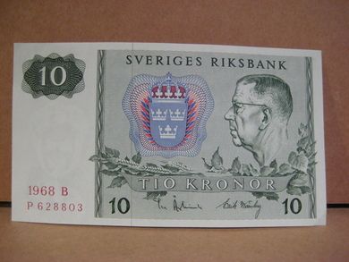 1968 B 10 KRONOR P 628803 strøken seddel