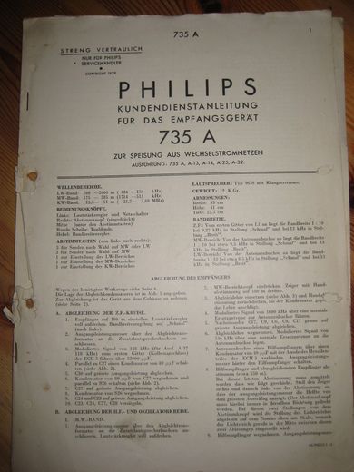Phillips sercice dokumentasjon for 735A 1939