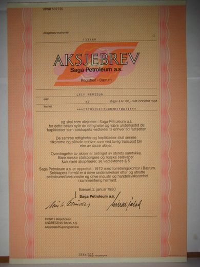 SAGA PETROLIUN,  19 aksjer, 1980, aksjebrev  nr 133889