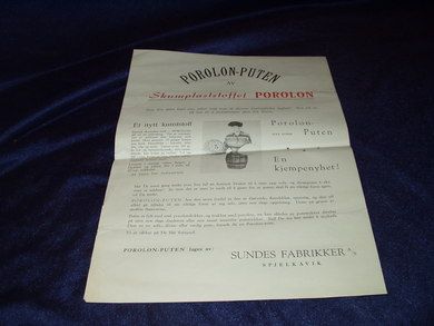 Liten salsbrosjyre for  POROLON PUTEN fra SUNDE FABRIKKER, SPJELKAVIK   fra mai 1956.
