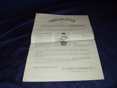 Liten salsbrosjyre for POROLON PUTEN fra SUNDE FABRIKKER SPJELKAVIK fra mai 1956