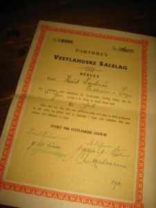 partsbrev i vestlandske salslag, bergen. Nr 8765, 1950.