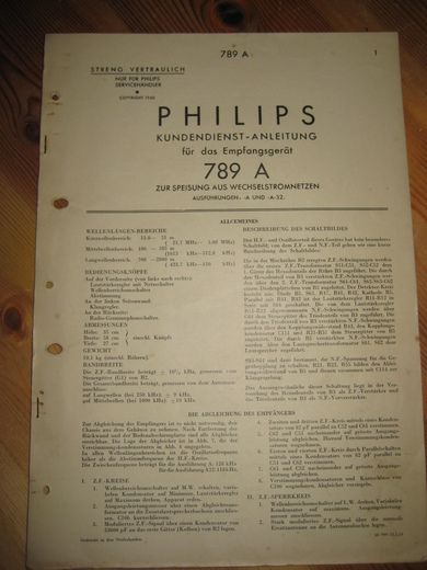 Phillips sercice dokumentasjon for 789A 1940