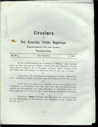 1886,nr 025, Circulære fra Den Kongelige Norske Regjerings Departement for det Indre. Poststyrelsen.