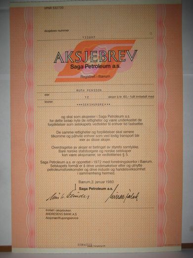 SAGA PETROLIUN, 10  aksjer, 1980, aksjebrev  nr 133897