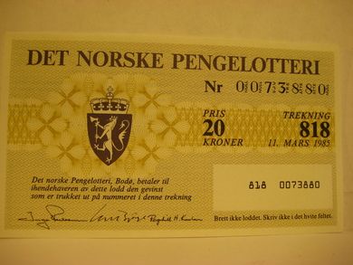 1985, trekning 818,                  DET NORSKE PENGELOTTERI.            Nr. 0073880.