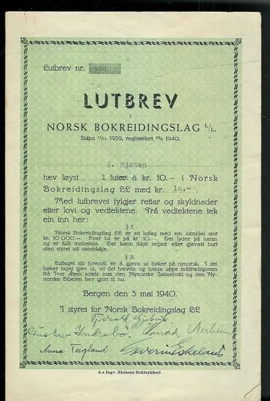 NORSK BOKREIDINGSLAG, 1940.