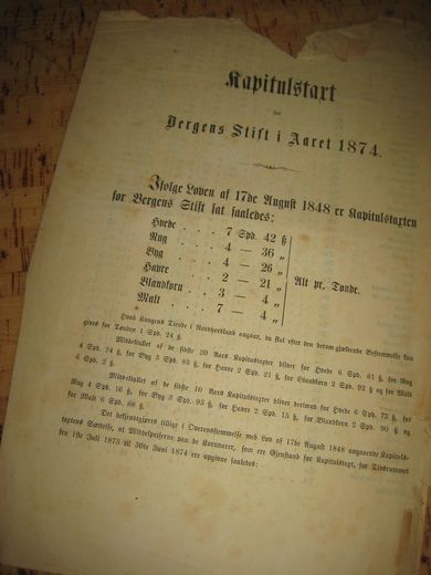 Kapitalstart for Bergens Stift i Aaret 1874.
