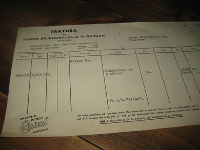 NORSK BRÆNDSELOLJE BERGEN 19 10 1953 688/10 Sendt med d/s ALDEN