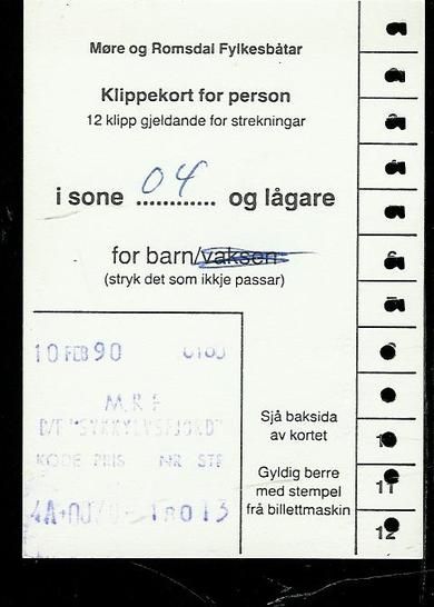 Rabattkort for person,  fra Møre og Romsdals Fylkesbåtar.                        10. FEB. 1990