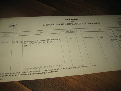 NORSK BRÆNDSELOLJE BERGEN 12 1 1953 Sendt med d/s Nordfjord I