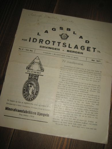 1937 nr 002 LAGSBLAD FOR IDROTTSLAGET ERVINGEN- BERGEN 1 ÅRGANG!!