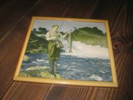 Noetalgisk bilde i glass og ramme fra fisketur ca 22*19 cm stort 50 tallet