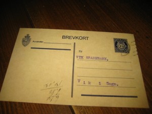 BREV KORT til  Vik Sparebank, Sogn, 9.2. 1927.  Meget pent. 