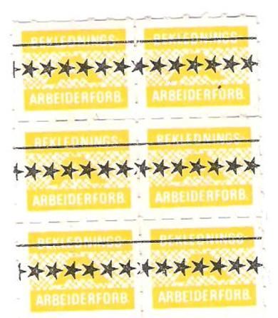 Gule fagforeningsmerker fra Beklednings Arbeider Forbundet 6 blokk