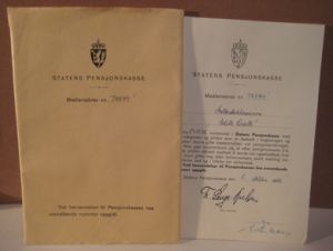 Medlemsbrev fra Statens Pensjonskasse 1942.