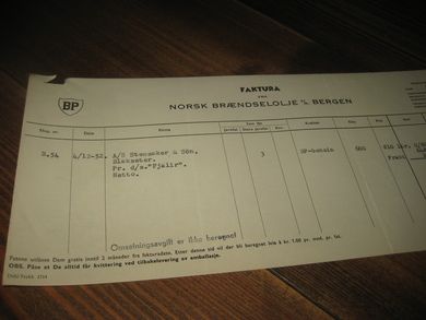 NORSK BRÆNDSELOLJE BERGEN 4 12 1952 B 54 Sendt med d/s Fjalir
