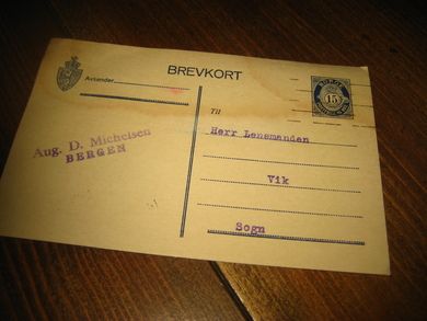 BREV KORT til  lensmanden i Vik, Sogn, 30.11. 1922. Meget pent. 