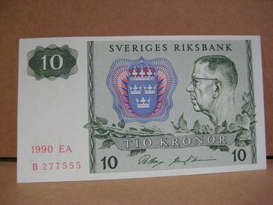 1990 EA 10 KRONOR B 277555 strøken seddel