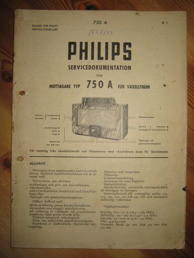 Phillips sercice dokumentasjon for 750A. 1938-39.