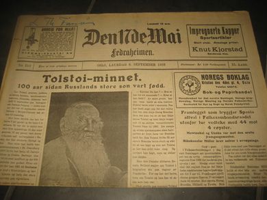 1928 nr 210 Den 17de Mai Tolstoi minnet