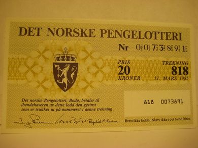 1985, trekning 818,                  DET NORSKE PENGELOTTERI.            Nr. 0073891.
