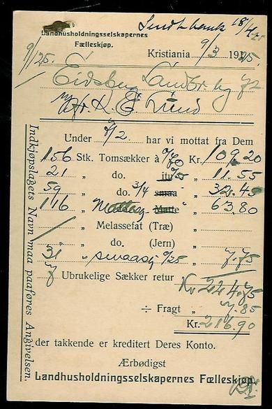 Brevkort fra Landhusholdnings selskapenes Fælleskjøp 9 3 1925