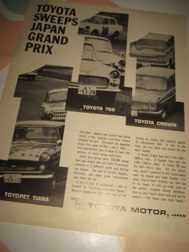Reklameark fra 1962, ca 22*35 cm stort. TOYOTA.