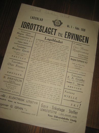 1938,nr 001, LAGSBLAD FOR IDROTTSLAGET ERVINGEN- BERGEN.