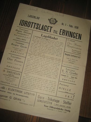 1938 nr 001 LAGSBLAD FOR IDROTTSLAGET ERVINGEN- BERGEN