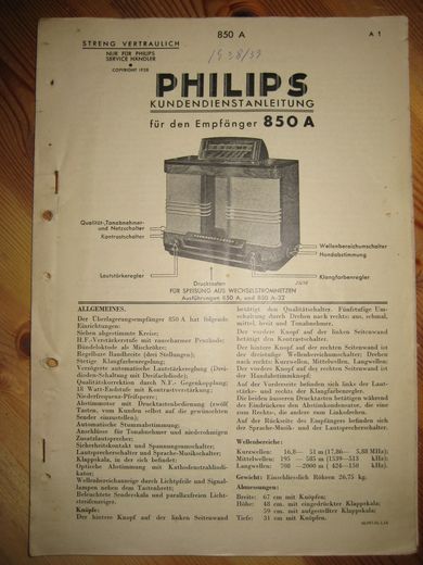 Phillips sercice dokumentasjon for 850A 1938-39