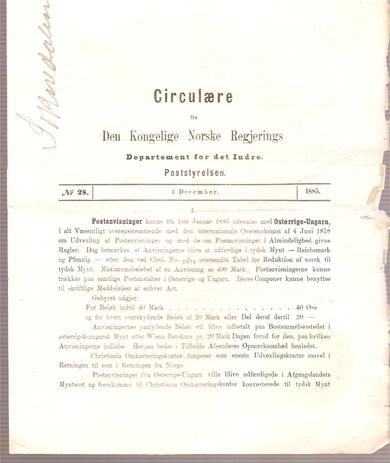 1885,nr 028, Cirkulære fra Den Kongelige Norske Regjerings Marine- og Post- Departement.