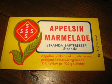 Etikett APELSIN MARMELADE fra Stranda Saftpresseri 60-70 tallet Lag ditt eget syltetøy og bruk en dekorati etikett