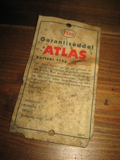 ESSO Garantiseddel ATLAS bateri 60 tallet