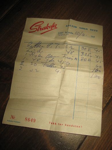 Kvitering fra Strakofa Stranda 1970