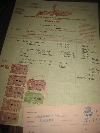 Minde SJOKOLADE KAKAO & KONFEKTFABRIKK 6 9 1954 Samt kvitering stempla BLAKSETER 10 X 54 Med omsetningsmerker