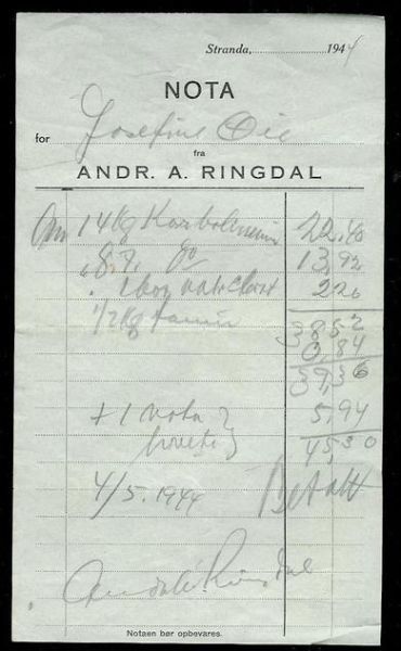 ANDR. A. RINGDAL, Stranda. 1944.