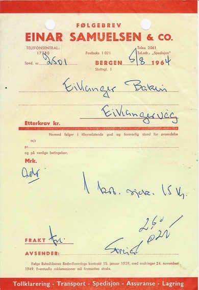Følgebrev fra Einar Samulesen & Co Bergen 1964