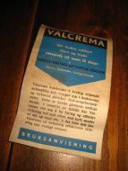 Bruksanvisning for VALCREMA, produsert ved City Trykkeri, Oslo, 60 tallet.