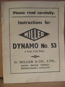 Instruksjonsbok for MILLER DYNAMO No. 53 fra 1947.