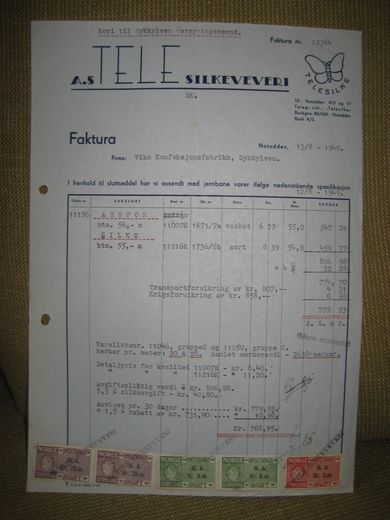 TELE SILKEVEVERI Notodden 13 8 1949 Med omsetnings merker