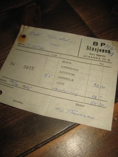 Kvitering fra BP STASJONEN Karl Gjerde Stranda 1965
