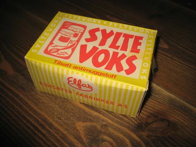 Ubrukt og uåpna eske med innhold, fra ELFAS FABRIKKER, Trondheim, SYLTEVOKS. 50-60 tallet.