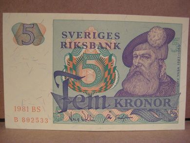 1981 BS 5 KRONOR B 892533 strøken seddel